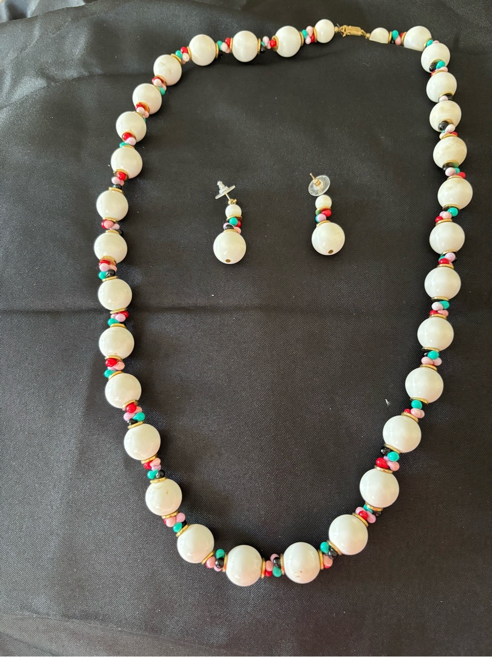 White Beaded Necklace and Earring Set with Multicolor Accents